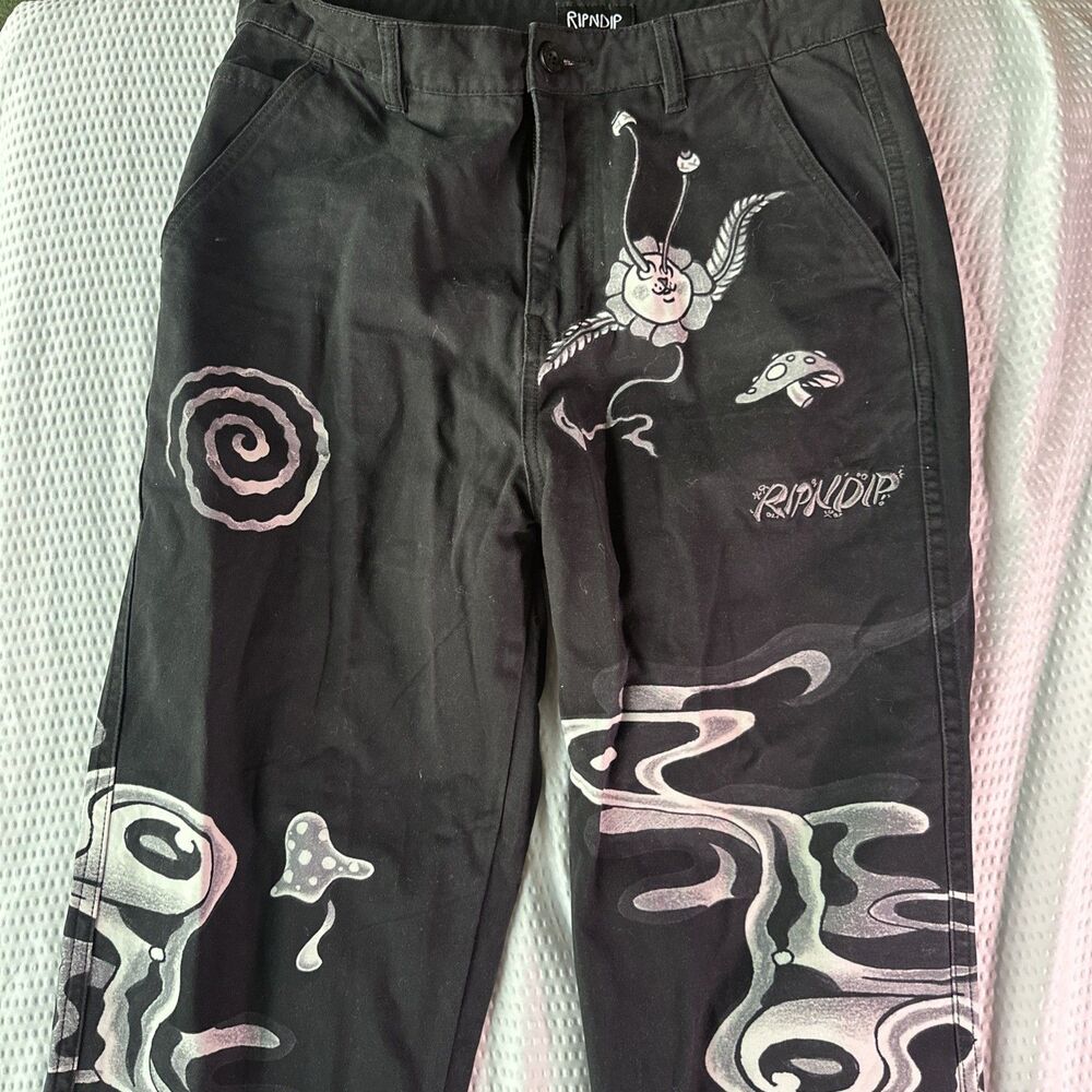 RIPNDIP Black Denim Pants Mushroom Psychedelics Print Jeans Size 32 Streetwear